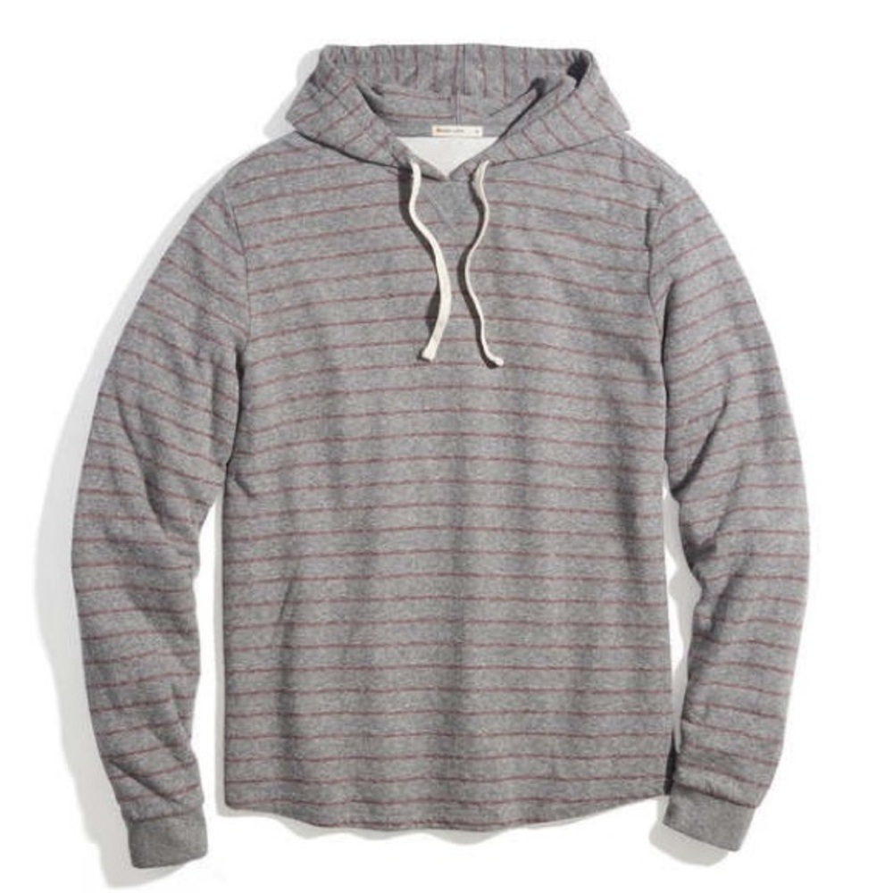 Marine Layer Double Knit Pullover Hoodie in Heather Grey/Red Stripe Men’s medium